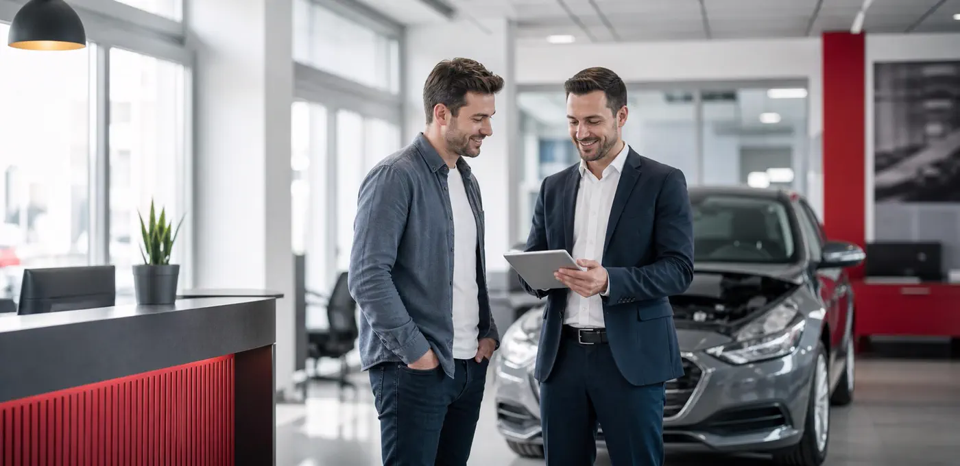 Consultant Centru Daune Auto București discutând cu un client într-un centru auto premium